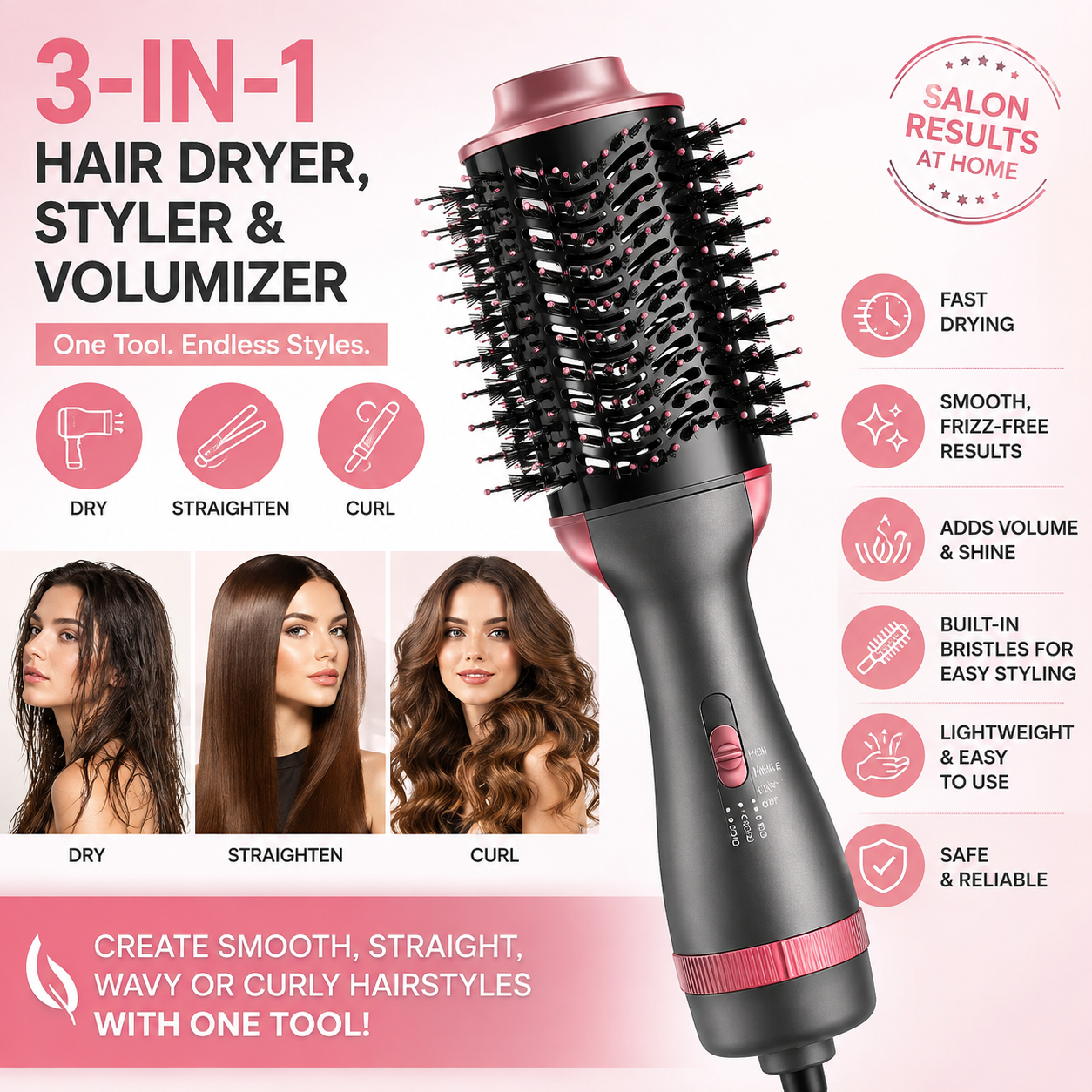 Professional 3-in-1 Hot Air Styler: Your Ultimate Dryer, Straightener, and Curler
